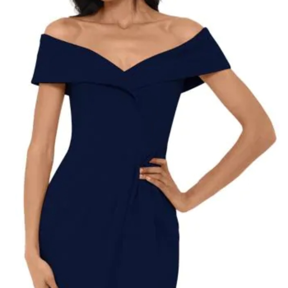 Xscape Off-the-Shoulder Sweetheart Crepe Midi Dres